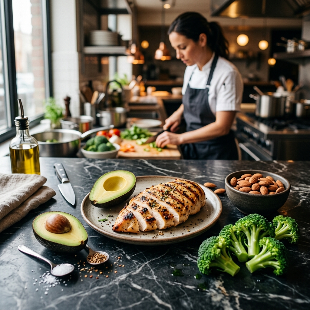Healthy foods avocado chicken breast oats